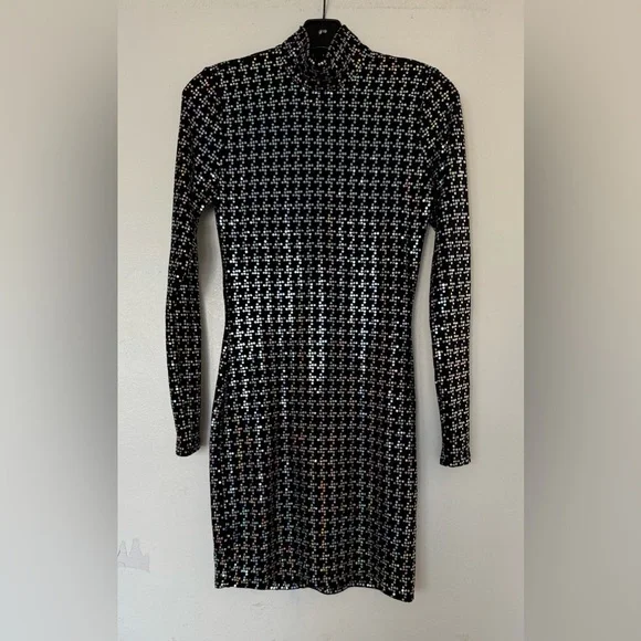 L'AGENCE Cher Black Sparkle Turtleneck Mini Dress, pre-owned, size XS/T - Picture 3 of 8